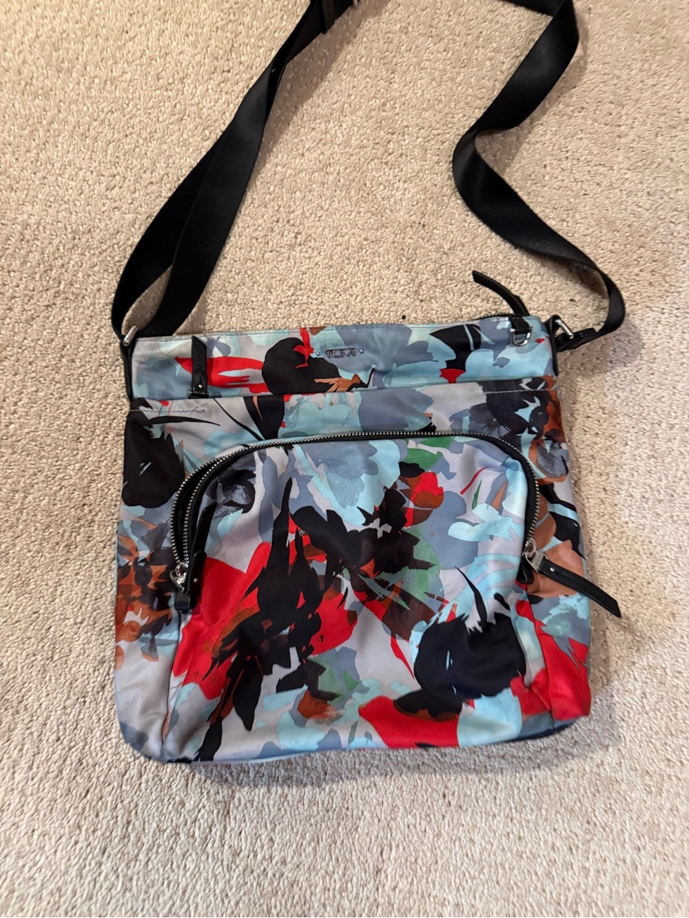 Tumi Multicolor Floral Abstract Crossbody Bag in Light Blue, Red, Black